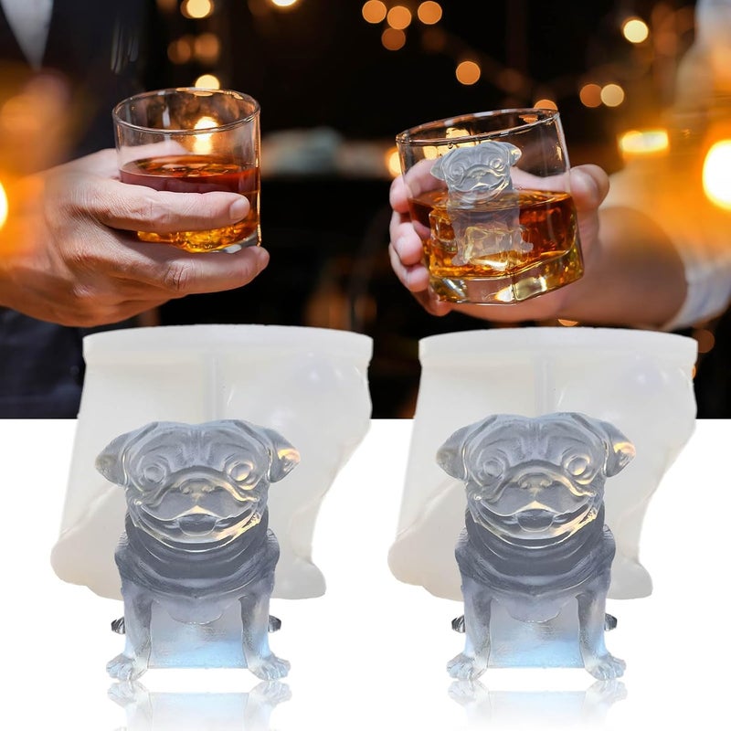 SIUPER 3D Pug Dog Ice Cube Silicone Molds Tray for Whiskey, Cocktail, Drink Decor, Bar; Rich Details. Fun Animal Shape Large Dogs Candle Epoxy Resign Mold; Pug Gifts for Women Kids Puppy Lover, 2 Pack - Image 1